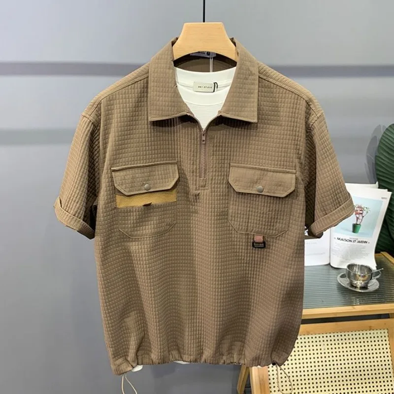 Hong Kong Style Pocket Workwear Short-sleeved Shirt Men's Summer Trendy Loose Drawstring Half-zip Lapel T-shirt
