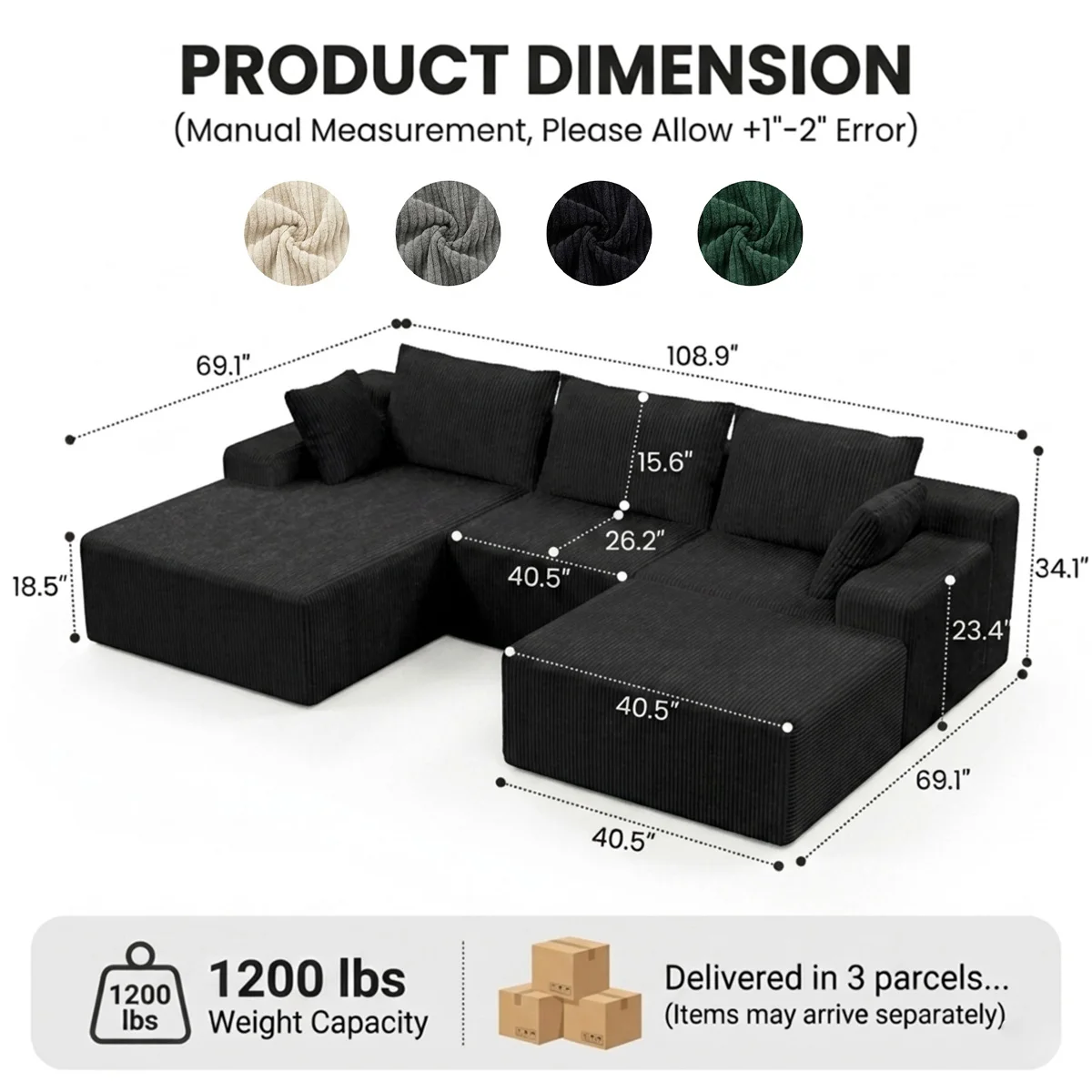 Modular Sectional Sofa, 108'' Boneless Couch Sectional with U-Shape Chaise & Deep Seat, Corduroy Upholstered Sofa Couch for Living Room