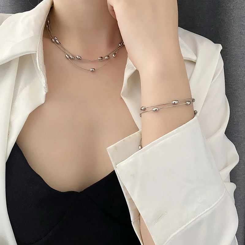 EILIECK 316L Stainless Steel Multilayer Wear Necklace Bracelet Set For Women Trendy Waterproof Silver Color Jewelry Holiday Gift