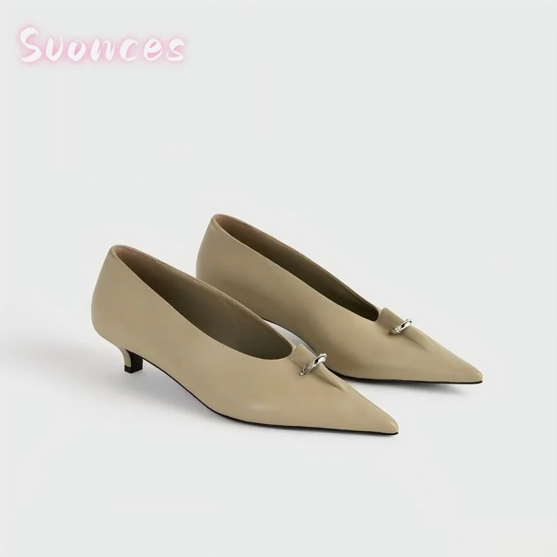 Women Pointed Toe Kitten Heel Pumps Metal Ring Ornament Slip On Dress Shoes Smooth Upper Elegant Trendy Ladies Formal Heels