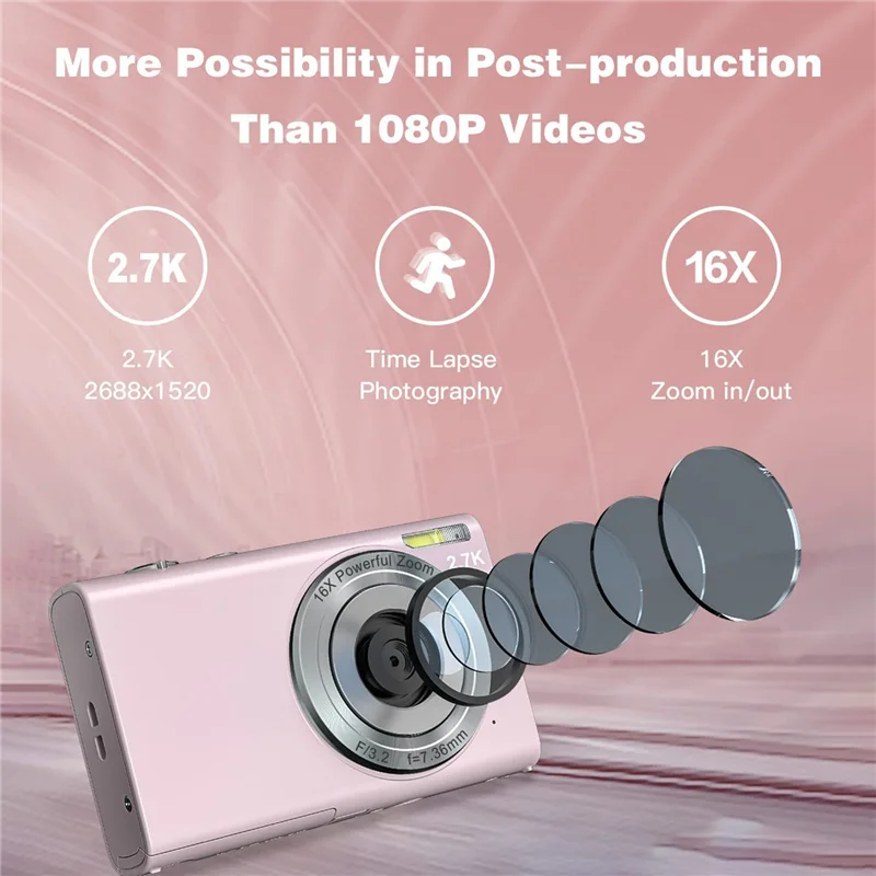 Digital Camera with Auto Focus, 2.7K 48MP Vlogging Camera with 2.8 Inch Large Screen Stylish Camera for Teens-Pink