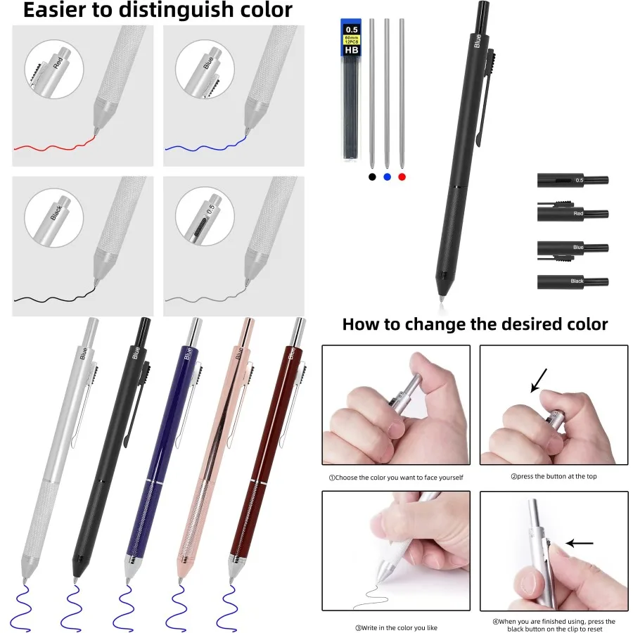 

Многоцветная ручка YOUMI Многофункциональная ручка 4 в 1 с металлическим корпусом Механический карандаш 0,5 мм Красная шариковая ручка Синяя шариковая ручка и