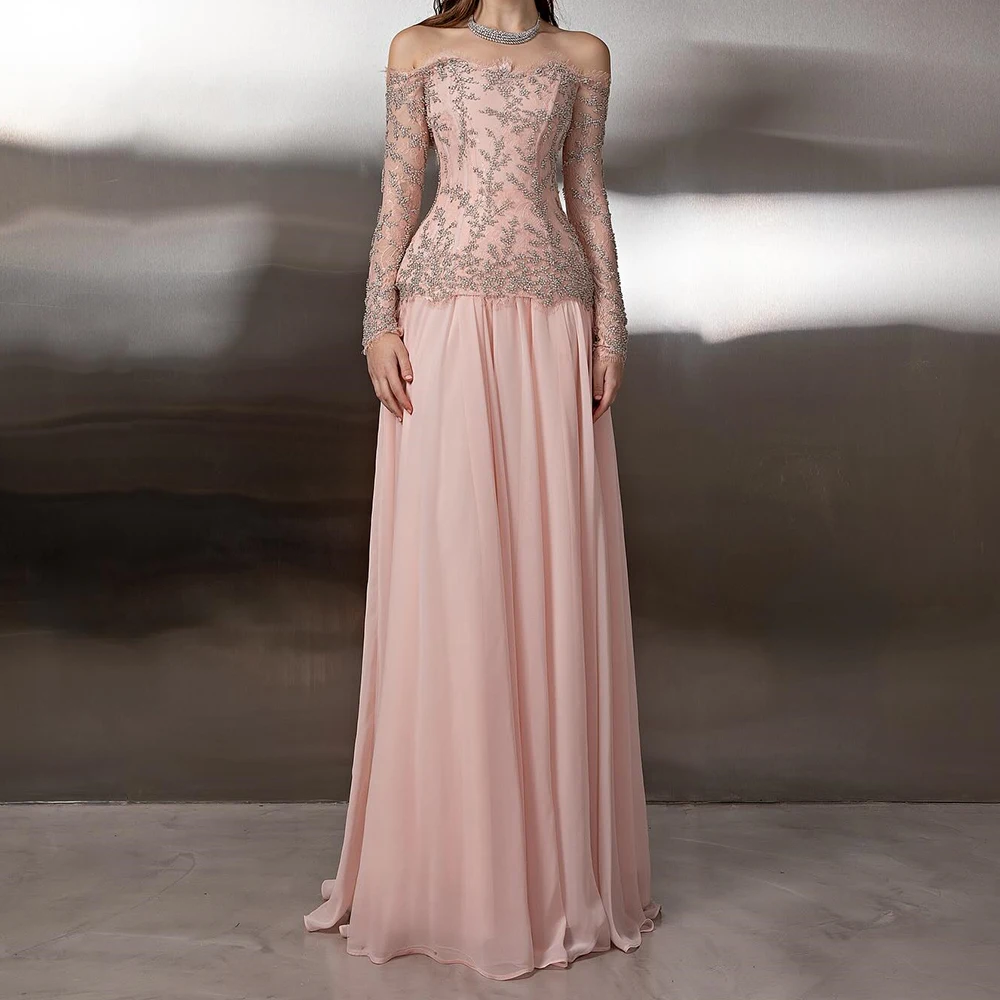 

Customized A-line Evening Dresses Floor-length Off The Shoulder Full Sleeve Prom Gown Fashion Sequined Simple Draped Aprty Gown