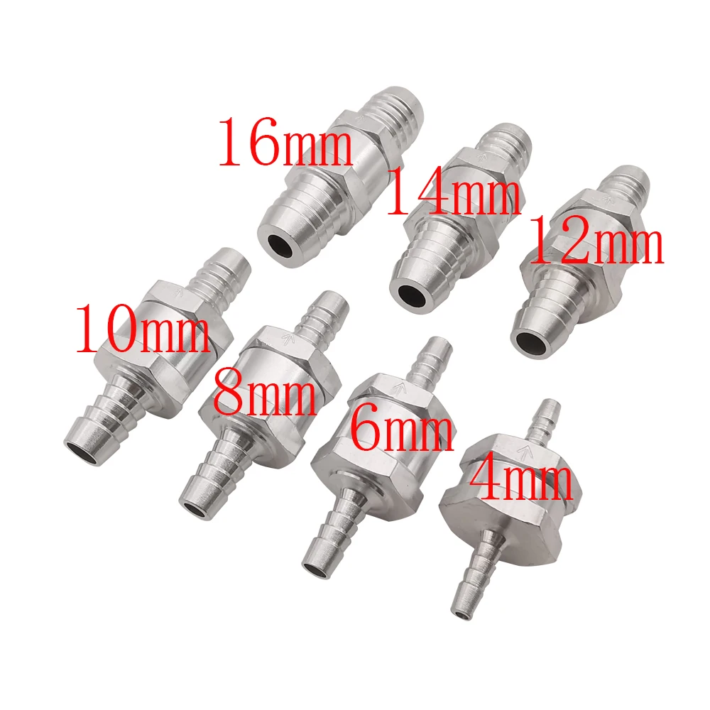 One Way Valve 4mm/6mm/8mm/10mm/12mm/14mm/16mm 7 Size Valves Aluminium Alloy Fuel Line Non Return Check Valves Silver 1Pcs