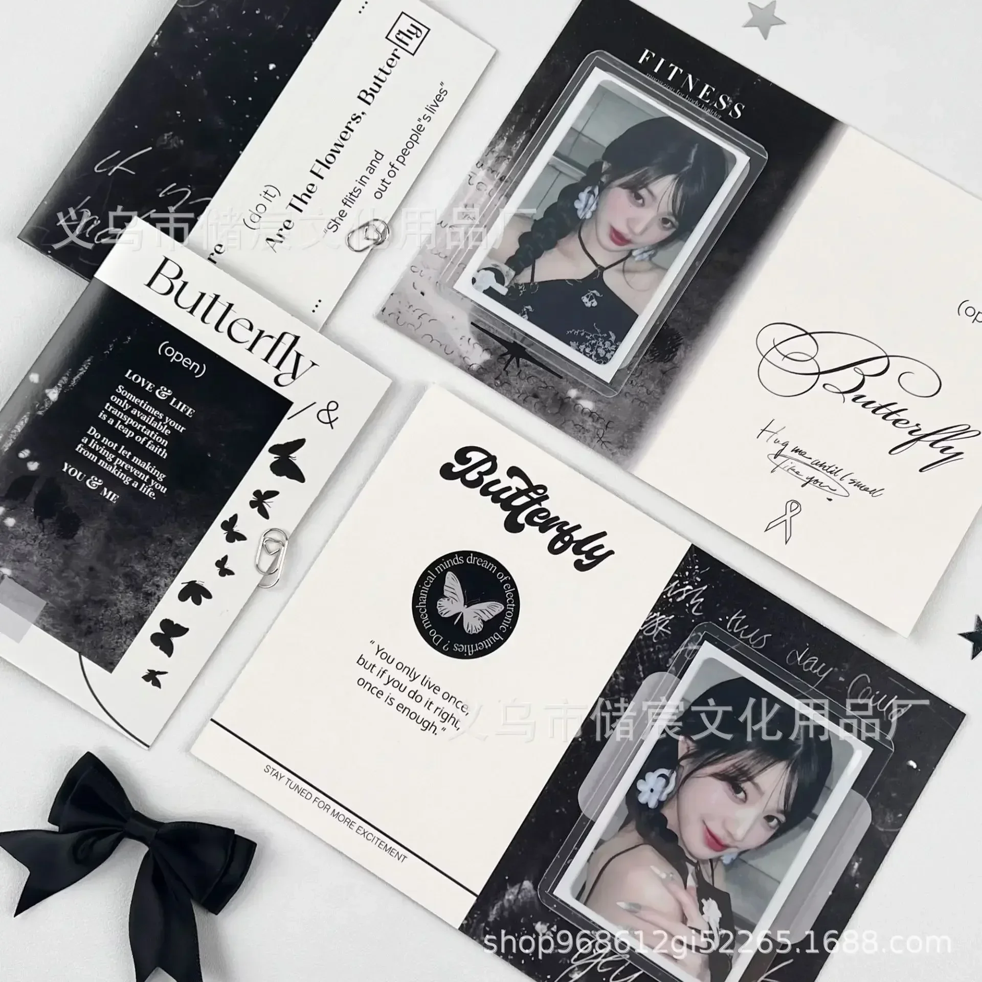 10Pcs Korean Chic Advanced Sense Black White Butterfly Folding Card Back Kpop 3-inch Photo Card DIY Packing Protective Cardboard
