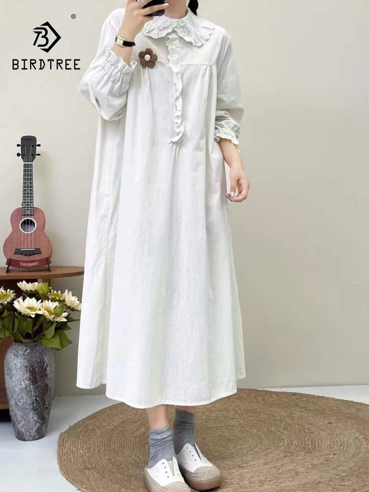

New 2025 Autumn Cotton Long Sleeve Dresses, Women Peter Pan Collar Ruffles, Mori Girl Vintage Sweet Loose Doll Dress D57226CC