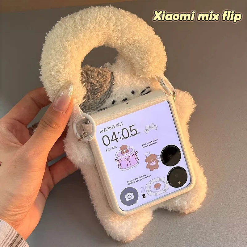 

For Xiaomi MIX Flip Case Cute Handmade 3d Plush Cat Wallet Phone Case White Warm Fluffy Protective Cover & Beige Handheld