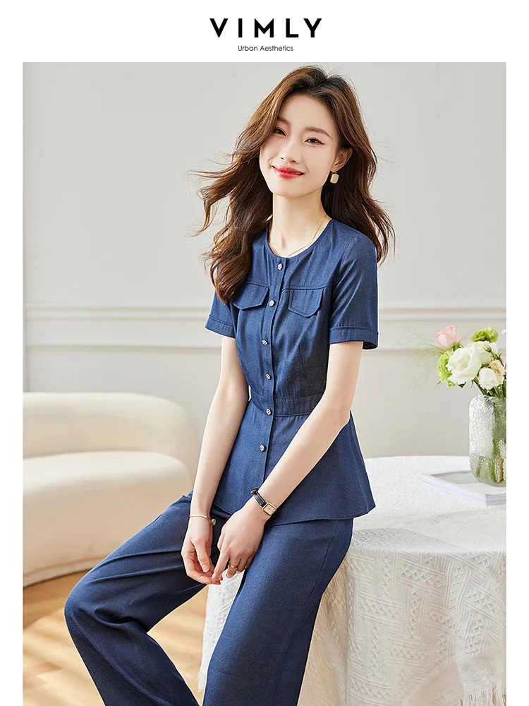 Vimly Lmitation Denim Two Piece Set Women Summer Outfit Casual Elegant Matching Sets Peplum Blouses Wide Straight Mop Pant V9790