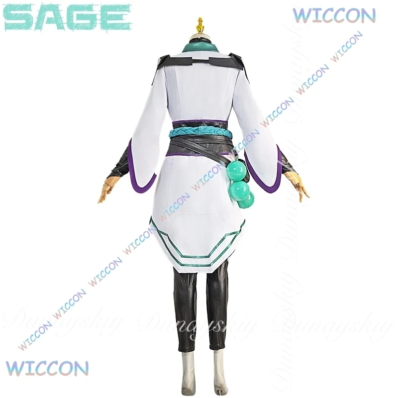 حكيم تأثيري آخر ممرضة مبللة كوس C VALORANT لعبة مع شعر مستعار أسود طويل ذيل الحصان مع زي قتال أبيض تأثيري حلي