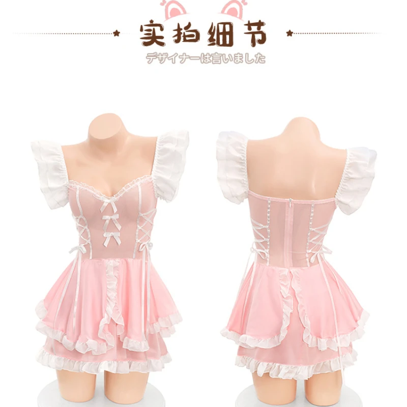 Plus Size Maid Outfits Women Anime Cosplay Lingerie Cute Cat Bandage Off Shoulder Lolita Mini Dress Sexy Bar Roleplay Clubwear