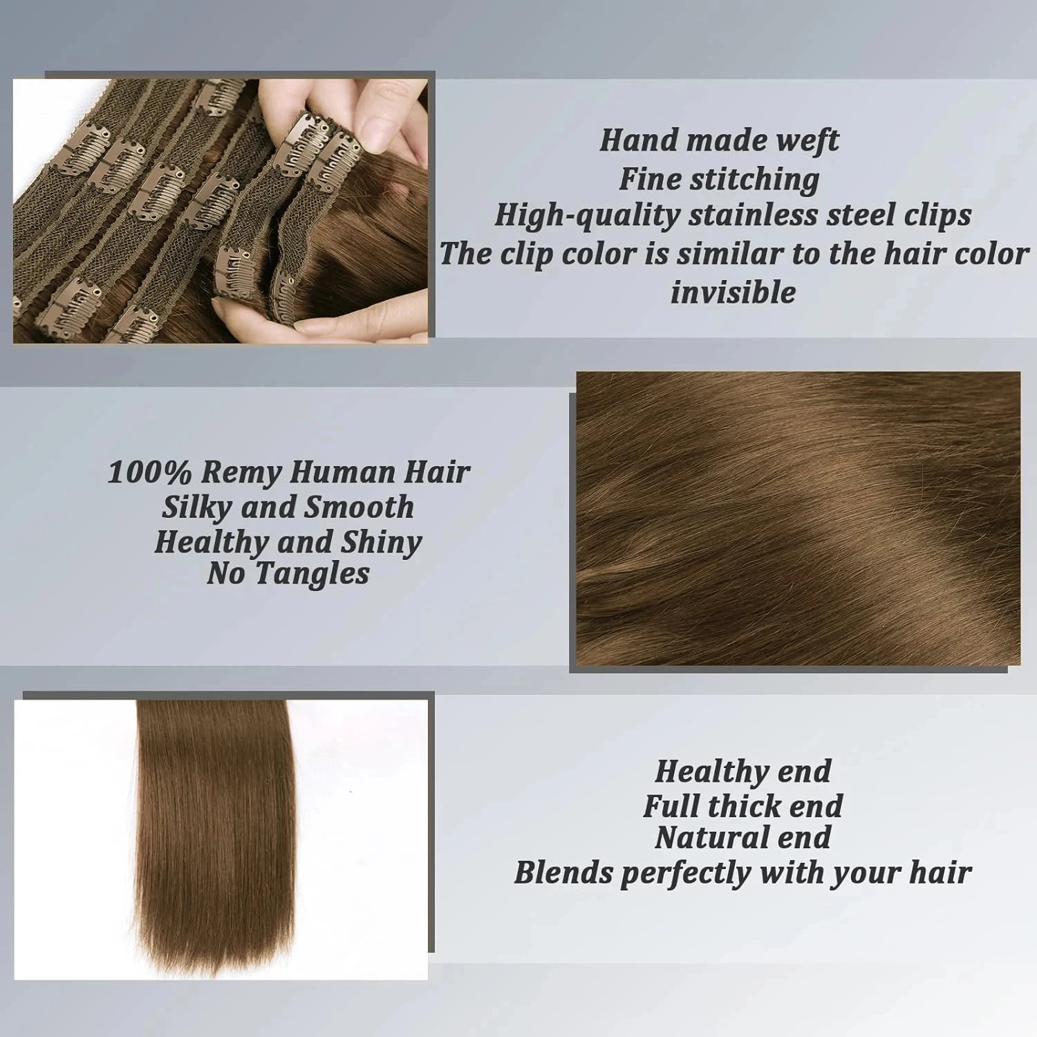 #8 Ash Brown Straight Clip In Hair Extensions Light Brown Color Virgin Human Hair Clips 16-26 Inch Full Head Skin Weft 120G/Set