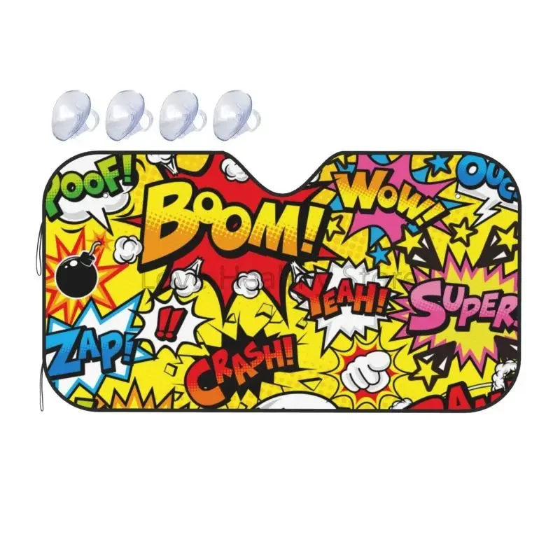 

American Comic Book Collection Pop Art Car Sun Visor Sunshade Blocks UV Rays Heat Protection Foldable Front Windshield Sunshield