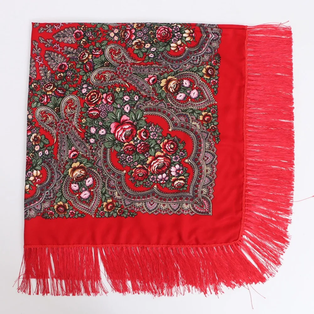 Vintage 130x130 cm Square Scarf Cotton Twill Luxury Floral Print Large Square Scarf Tassel Ethnic Style Scarf For Women Girls