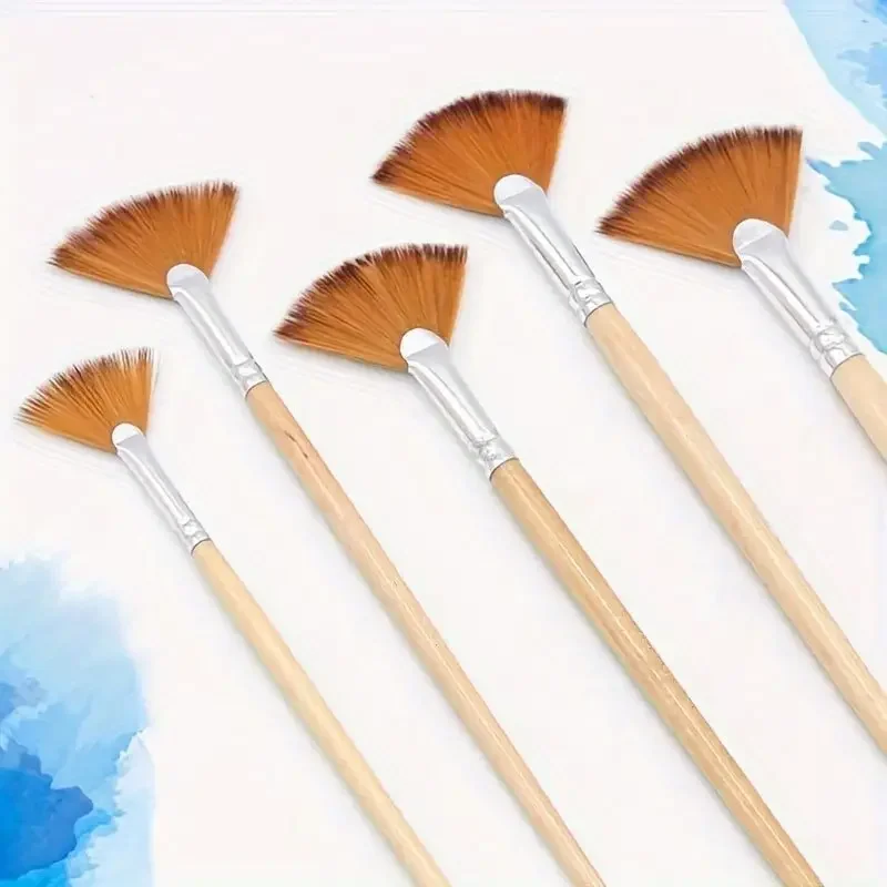 5pcs Fan Brush Set for Acrylic & Watercolor Painting - Nylon Bristles, Oil Paint Compatible