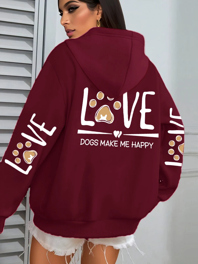 Love Dogs Make Me Happy Pattern Women Hoodie Autumn Multicolor Hoodies Casual All-Match Streetwear Fleece Pocket Woman Hoody