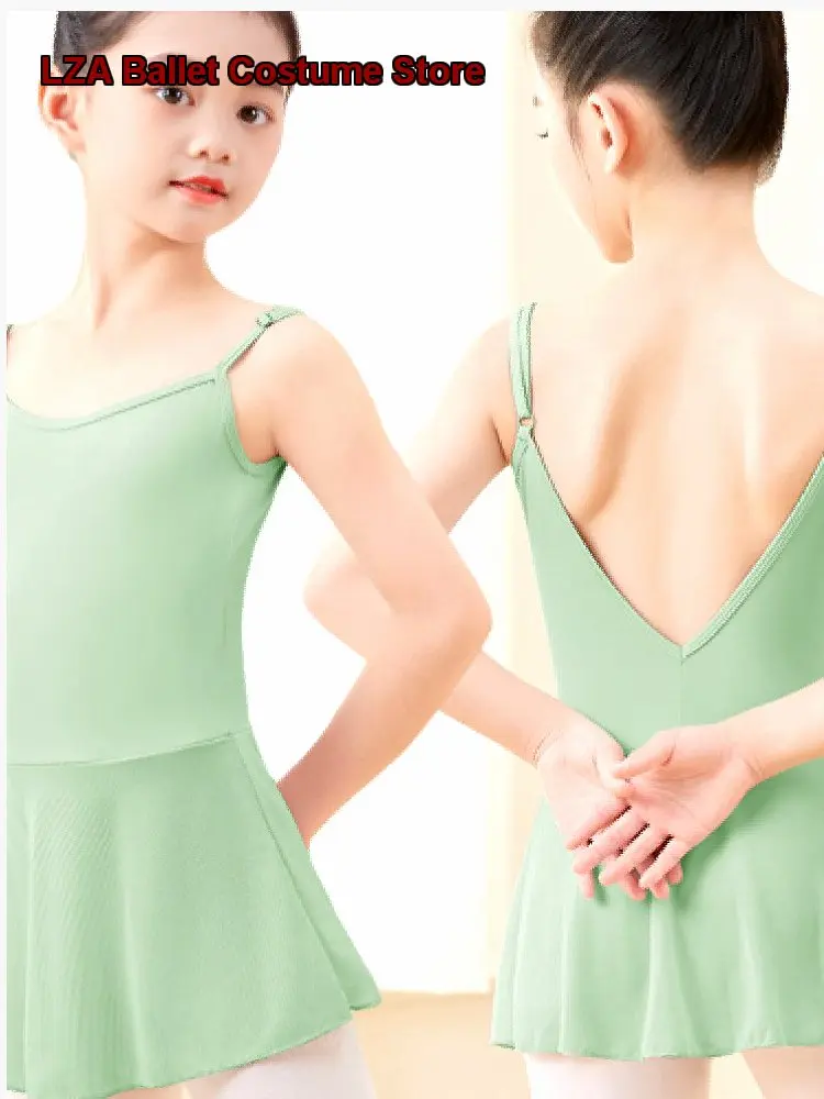 Children's Girls Spaghetti Strap Latin Skirt Summer One-Piece Dance Dress Body Suit Dance Practice One-Piece Dress Kids