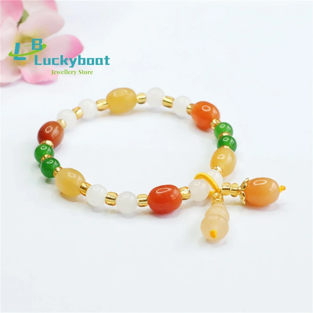 

Natural Gold Silk Jade Bracelet Gourd Tassel Bucket Bead Jewelry Full Sky Star Luck and Longevity Hand Chain Hand Carving Gift