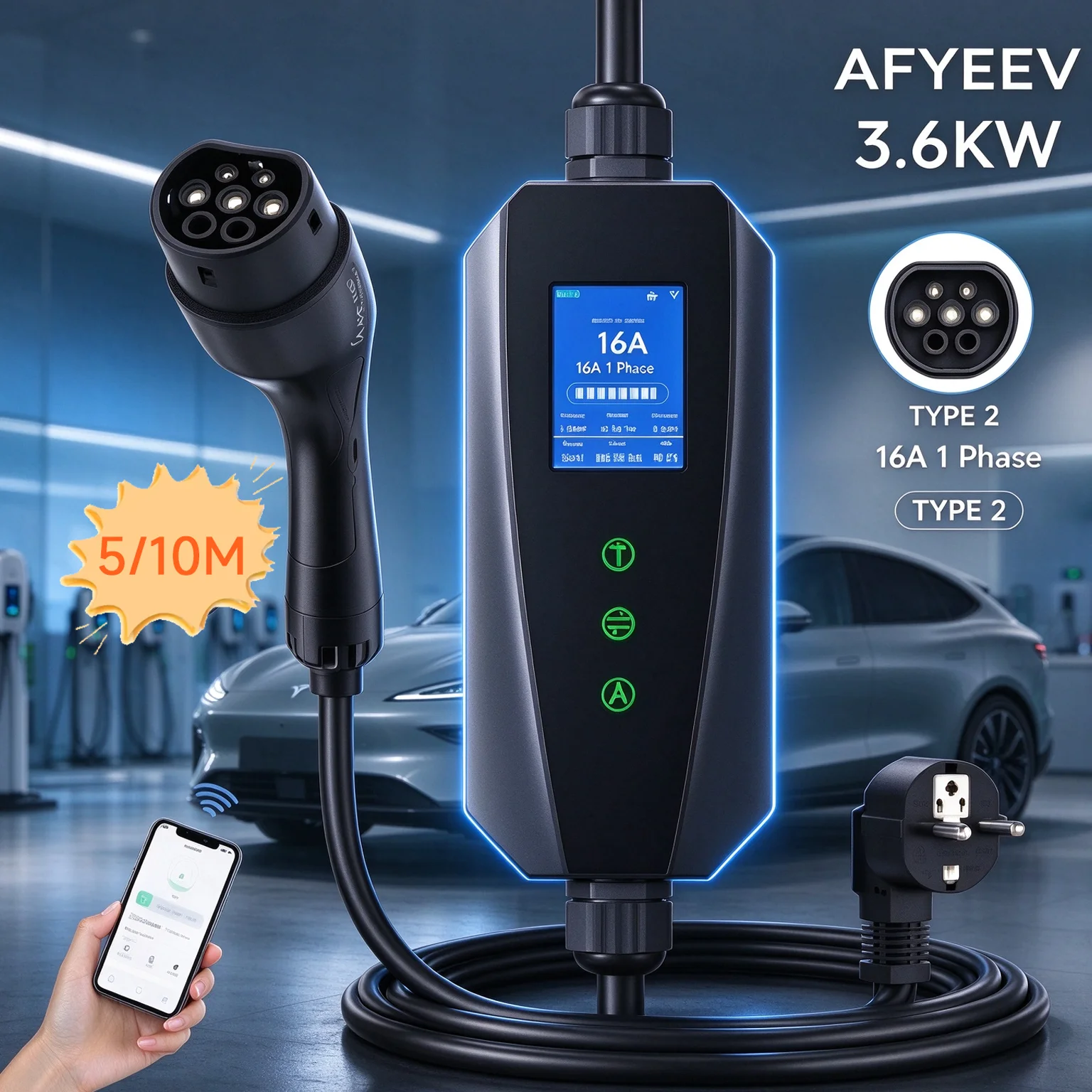 Portable Ev Charger 16A Adjustable - AFYEEV 3.6KW 16A Портативное зарядное устройство