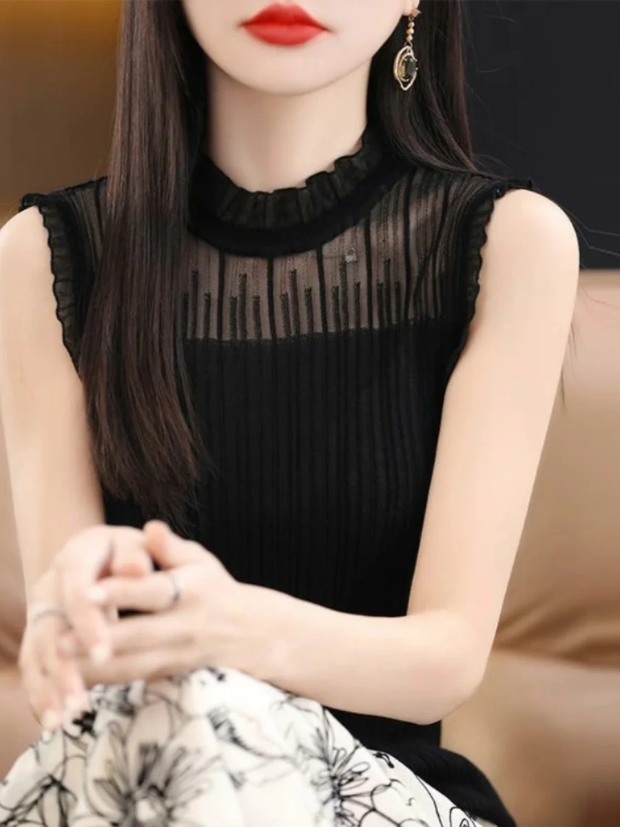 Faionable Lace Trim Colete Feminino Outono Inverno Me ter Ne Base irt Gola Falsa Renda Interior Svel Top