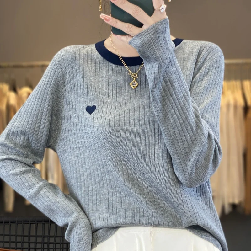 Women\'s Pullover Autumn/Winter 100% Wool Sweater Stitching Casual Knit Sweater Round Neck Tops Ladies Clothes Embroidery Blouse