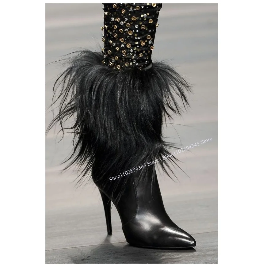 Black Fur Mid Calf Zipper Boots Thin High Heel Pointed Toe Fashionable Sexy Cool Summer Big Size Woman Shoes Zapatillas Mujer