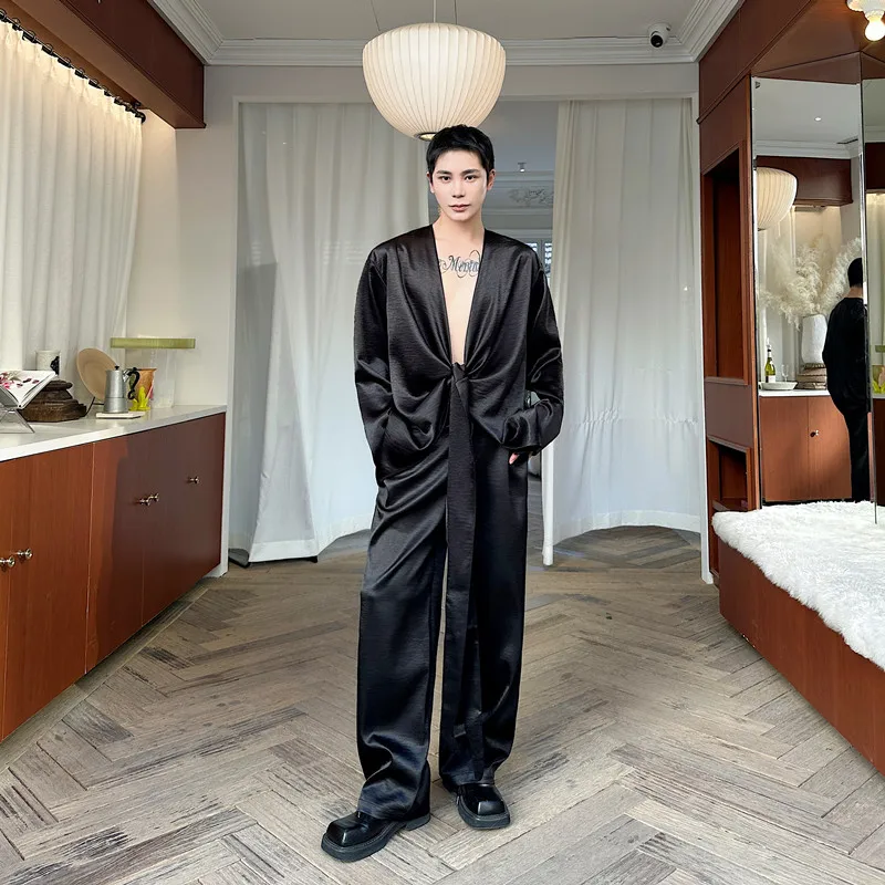 

Silky Smooth Bright Face Satin Long Sleeve Shirt with Belt Casual Men's Sleepwear Style Long Pants Set Spring Summer Fashion