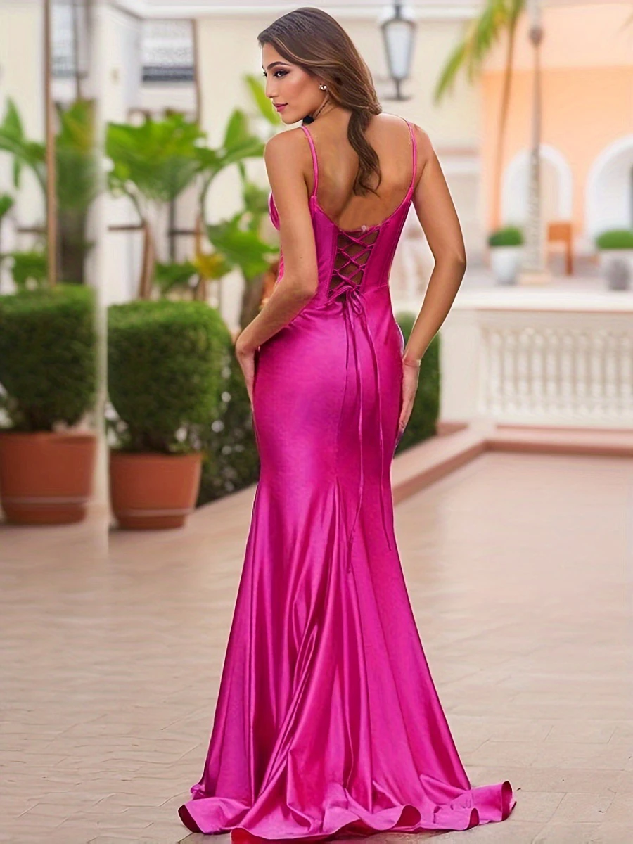 

Sexy Backless Lace Up Evening Gown Straps V Neck Fish Bone Satin Floor Length Long Train Wedding Party Elegant Bridesmaids Dress
