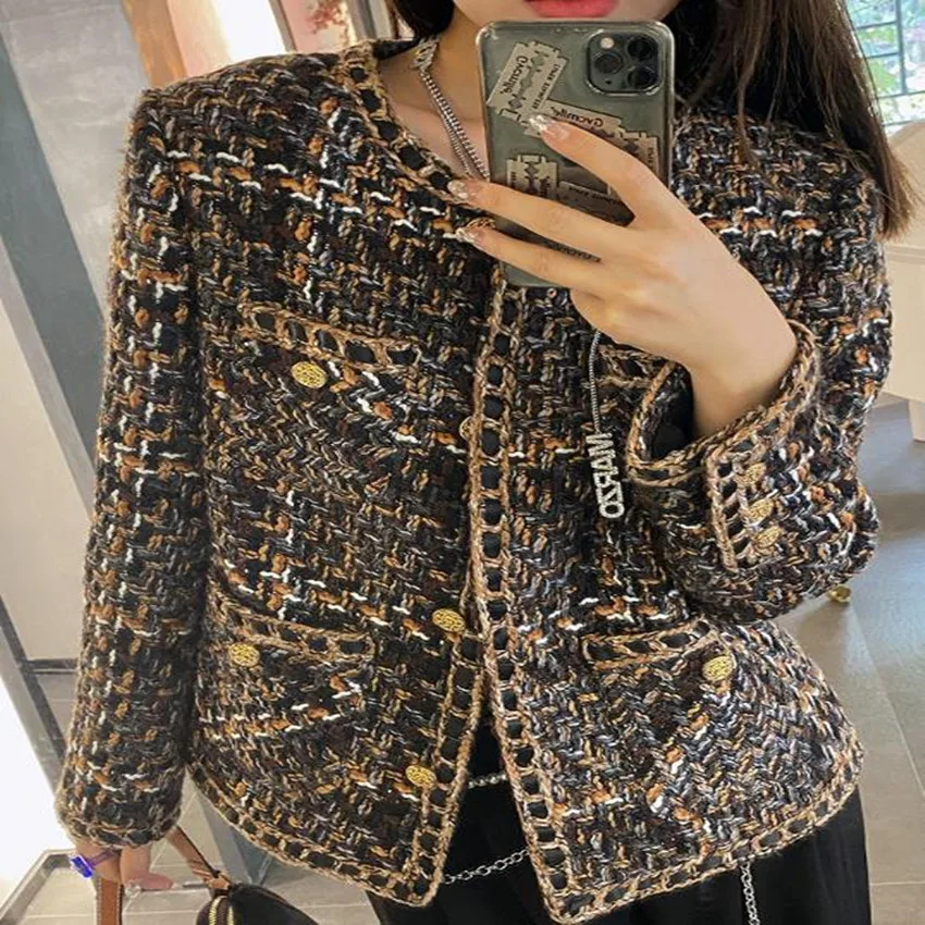 

Tweed Jacket womenWoven Temperament O Collar Long Sleeve Short Coat Vintage Style 2022 New Autumn