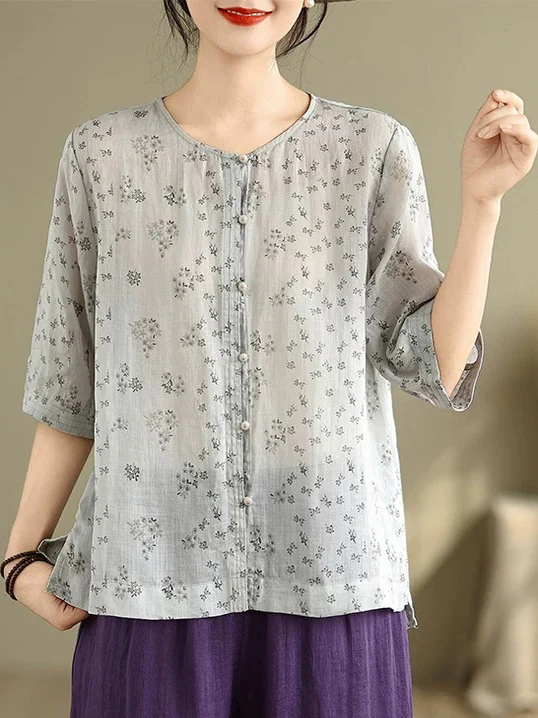 Cardigan F de Verão em Aodão e Linho com Gola Redonda e Manga Curta, Estampa Floral, Ajuste Solto, Manga Regular, Ma...