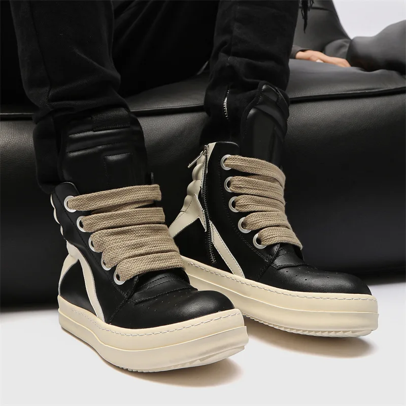 Men High Top Shoes Casual Platform Sneakers Leather Jumbo Lace Up Zip Luxury Trainers Autumn Black Boots