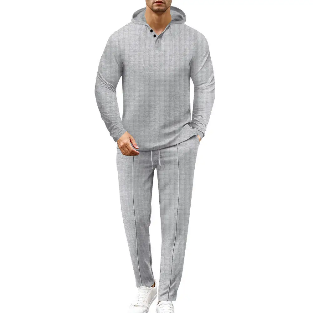 Men's Long Sleeve Hoodie And Pants Set Autumn Cross-Border Waffle Pattern Two-Piece Suit Long Pants Comfortable Breathable