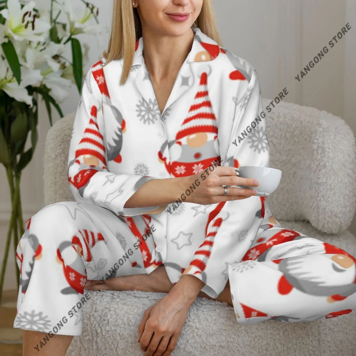 

Женская одежда для сна, пижамы с рождественскими гномами, пижама с длинными рукавами, женский комплект, пеньюар, кардиган, костюм