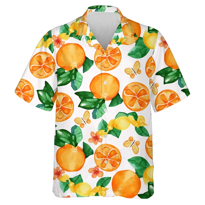 Fresh Fruits 3D Printed Short Sleeve Shirts For Men Clothes Casual Hawaiian Lemon Citrus Beach Shirts Funny Blouses Lapel Blouse