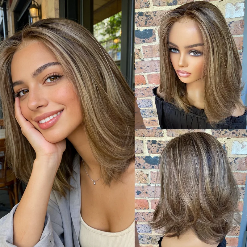 Ash Brown Blonde Lace Front Wig Natural Wave Heat Safe Synthetic Hair 13x4 14inchs Short Women