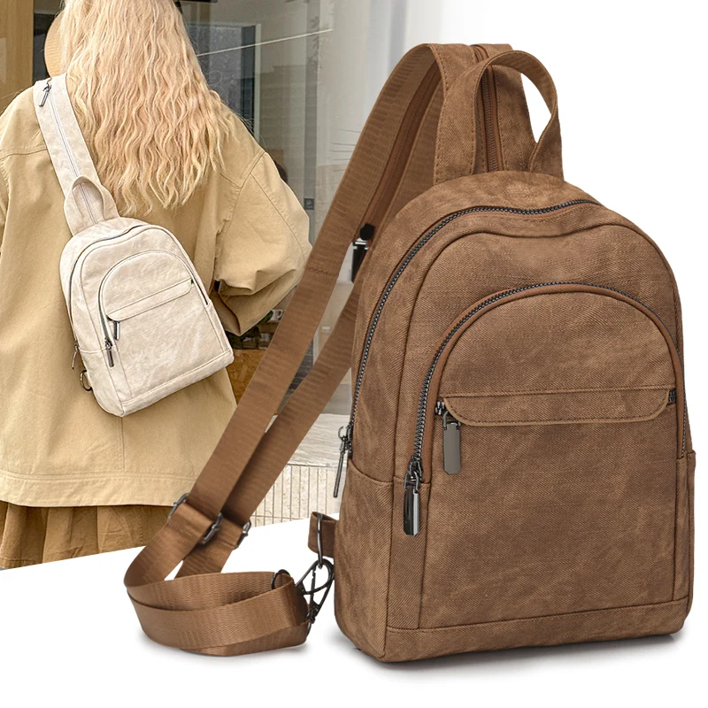 

New Fashion Simple Ladies Backpack, Large Capacity Multilayer Zipper Vintage Style PU Leather Chest Bag, Casual Travel Rucksack