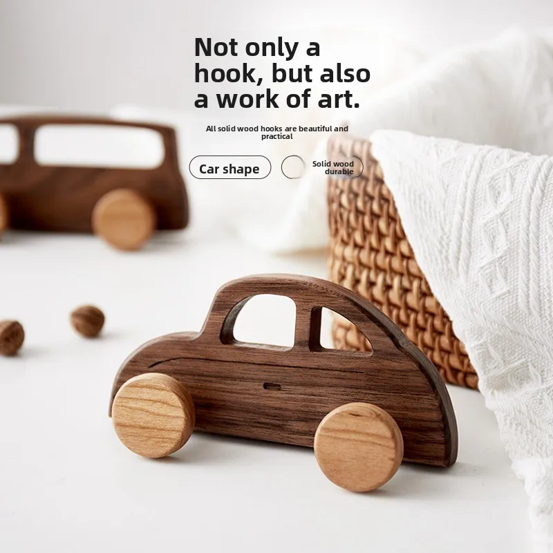 

Walnut Wood Wall Hooks for Kids Room No Drill Coat Hangers Bus and Truck Design Entryway Organizer Cute Clothes Rack