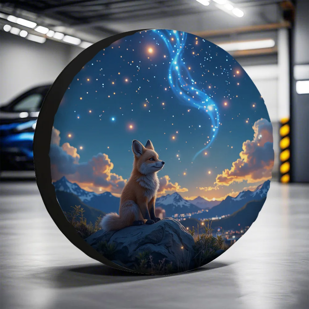1pc, Trendy Tire Covers Featuring Starry Night Fox, Made From Machine Washable Fabric, Suitable For Camping Without Electricity,