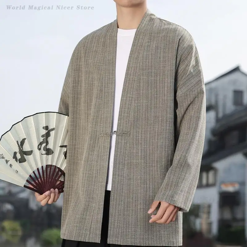 Men New Chinese Cotton Linen Cardigan Jacket Front Open Frog Button Loose Modified Zen Style Oriental Cape Outerwear