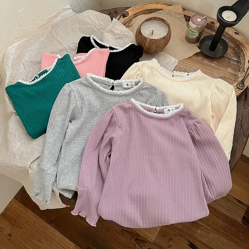 

Korean Style Autumn Baby Girls Shirts Elastic Solid Color Striped Curved Border Undershirts Kids Tops Tees