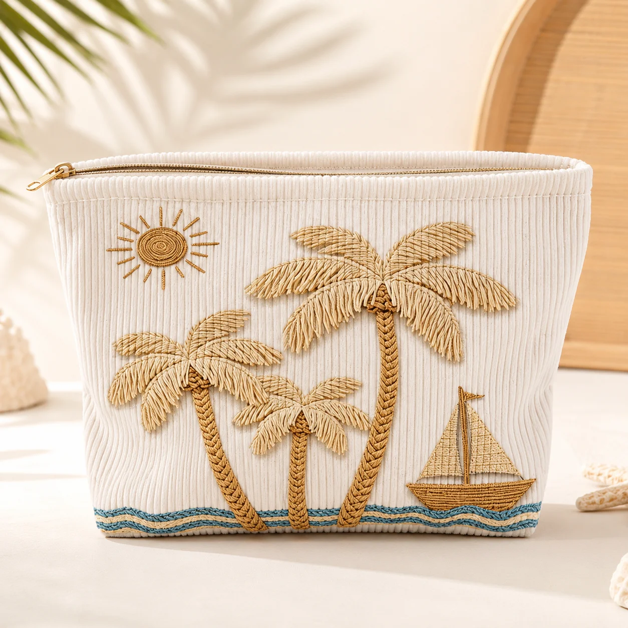 Tropical Embroidered Corduroy Makeup Bag, Large Travel Cosmetic Pouch for Women Beach Toiletry Storage