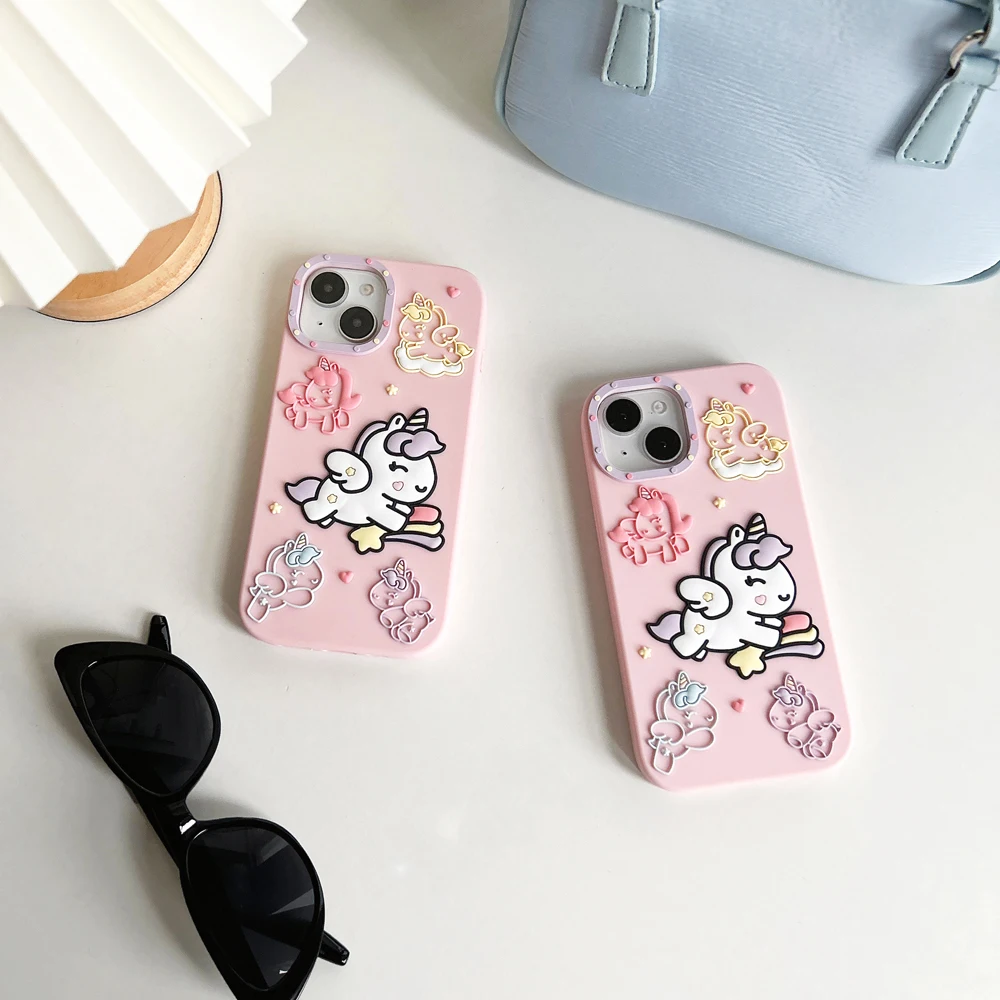 

New 3D Cute Cartoon Unicorn Phone Case For iPhone 11,12, 13, 14, 15 Promax, Soft Silicone Case, Back Cover, Shockproof Kawaii