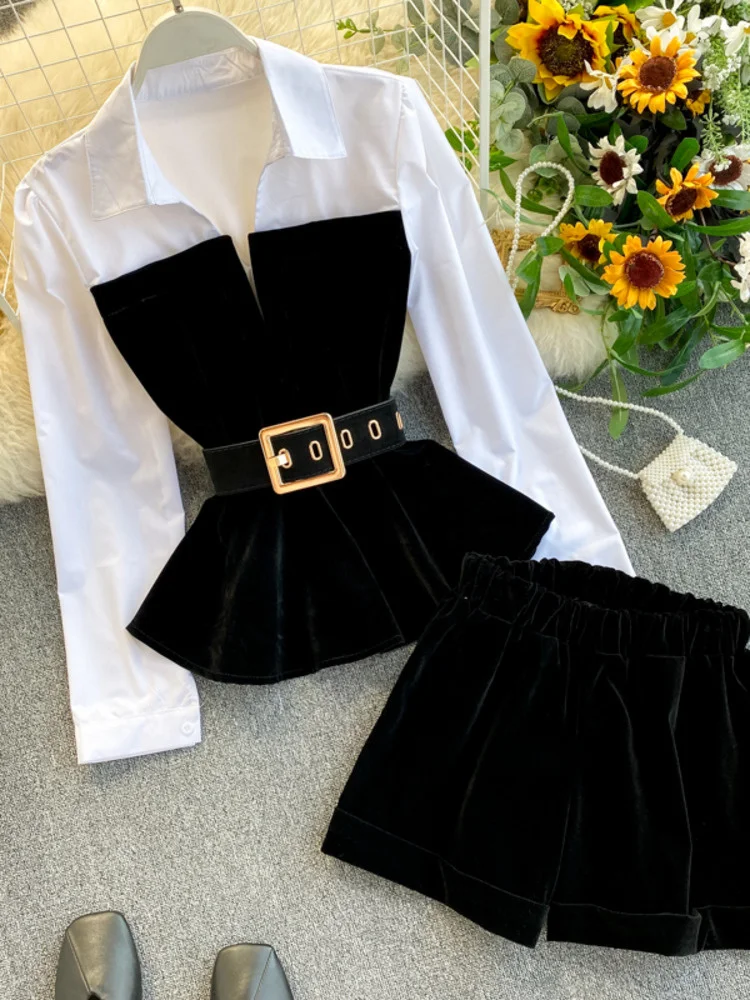 DEAT 2024 Spring Spring Long Sleeve Patchwork Velvet Size Small Tops With Belt High Waist Shorts Two Piece Set Women MH334