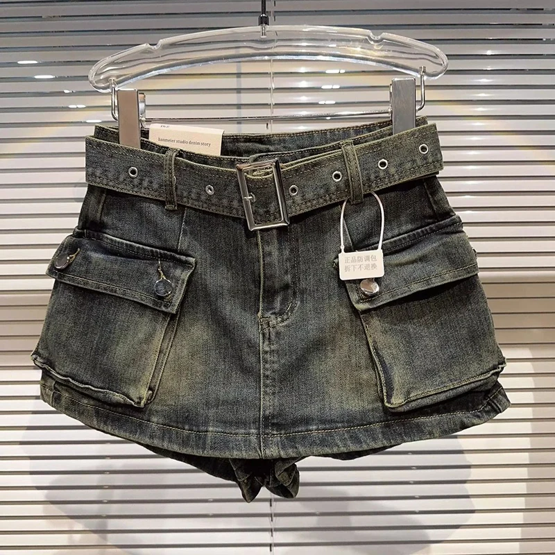 MEXZT Y2K 2000S Cargo Denim Shorts Women Vintage Belt Black Shorts Skirts Jeans Harajuku Streetwear High Waist Short Pants New