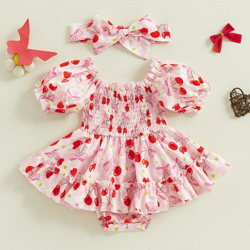 Listenwind Baby Girl Summer Romper Outfit, Puff Sleeve Off-shoulder Flower/Bow/Cherry Print A-line Romper Dress with Headband