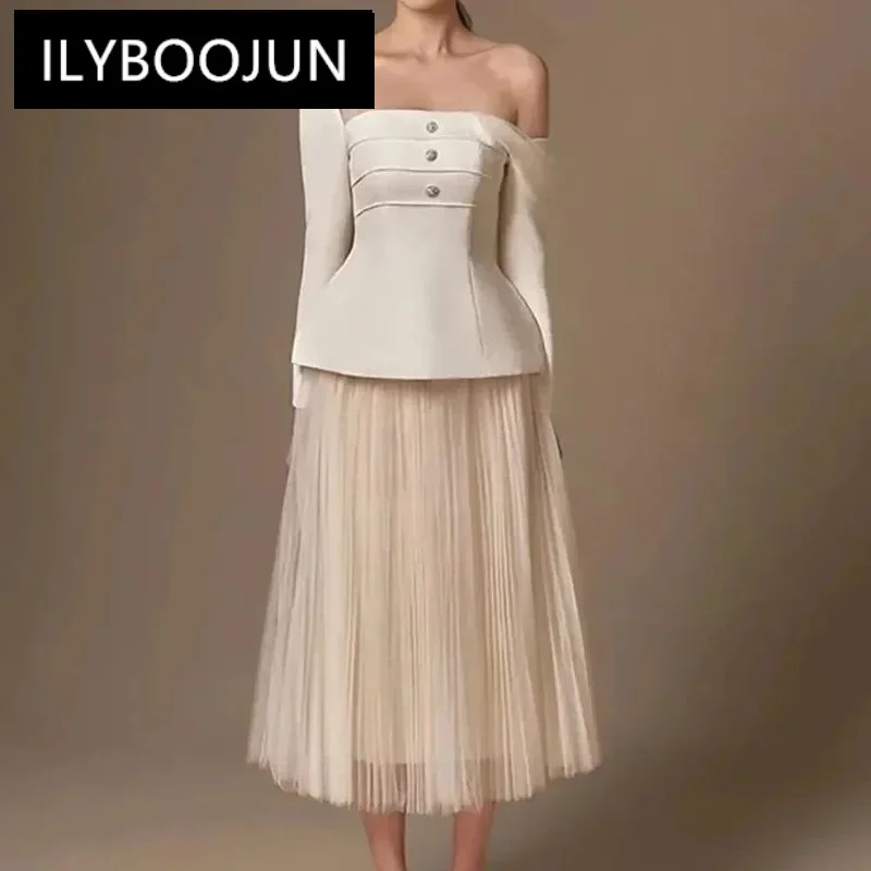 

ILYBOOJUN 2024 New Women's 2 Pcs Set Skew Collar Long Sleeveless Patchwork Backless Tops High Waist Gauze Skirt Suit Autumn