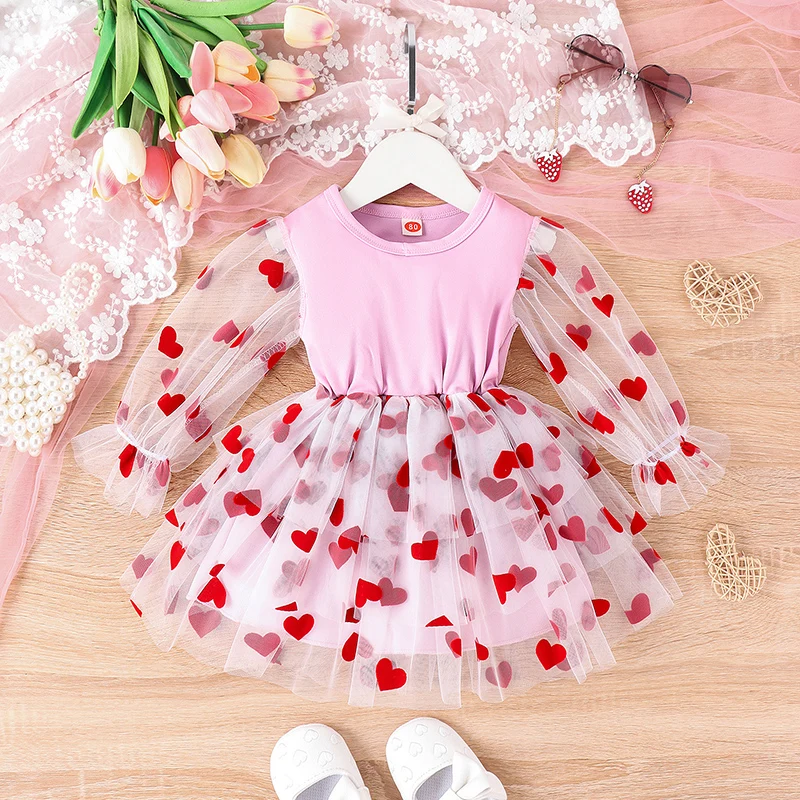 0-4Y Kids Girls Sweet Dress Long Puff Sleeve Heart Print Mesh Tulle Leyered Valentines Days Dress