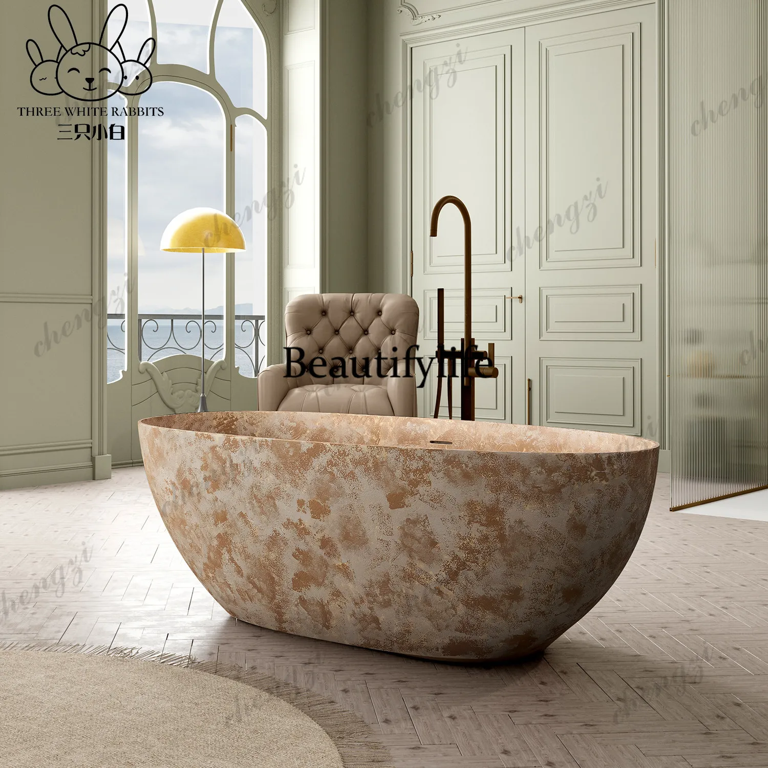 2026 new French integrated freestanding oval bathtub hotel homestay high-end classical art sense