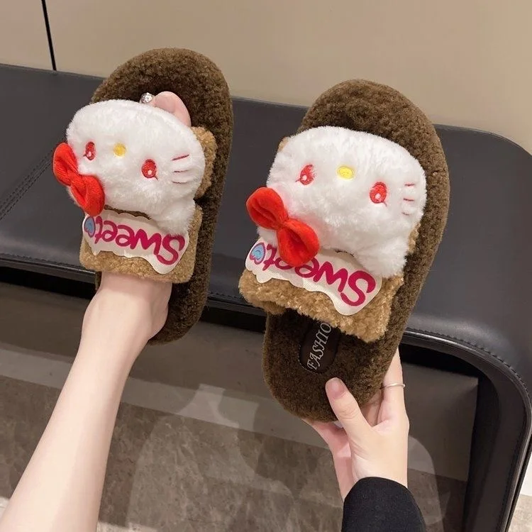 

Hello Kitty slippers women's outdoor wear 2024 autumn and winter new cute thick soled plush cotton slippers office straight drag