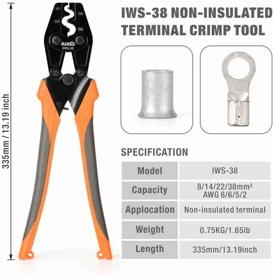 IWISS IWS-38 Crimping Plier AWG 8-2 for Non-Insulated Terminals/Butt/Splice/Open/Plug Connectors Crimper Wiring Repairs Tool