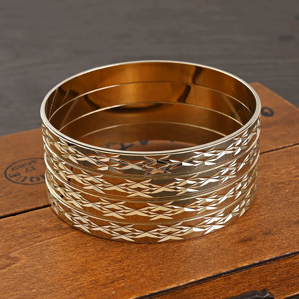 4PCS 9K Gold Color Width 8mm Different Size Hawaiian Jewelry Polynesian Gold Plated Flower Bangles  Girls Birthday Party Gifts